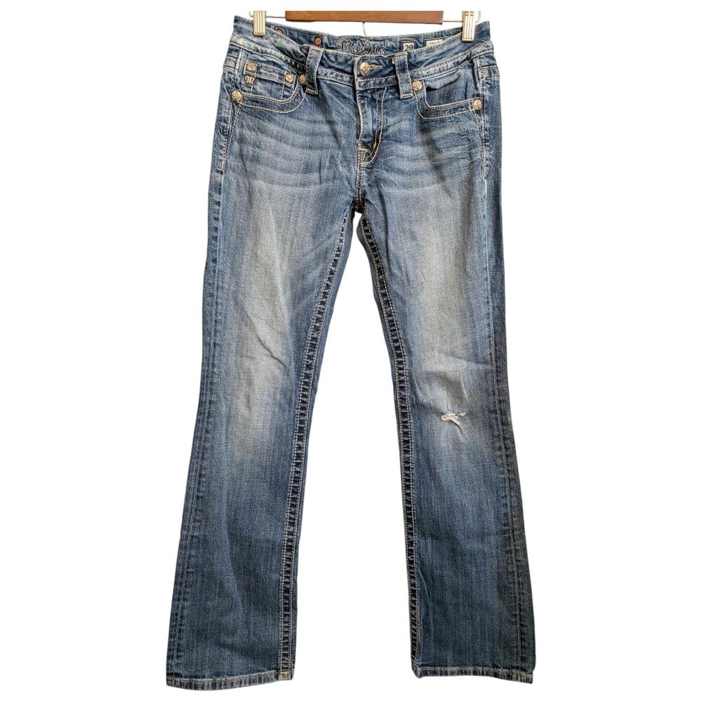 MISS ME Bootcut Jeans Womens 29 Dark Wash Rhinestone Studded Pockets & Waist Y2K